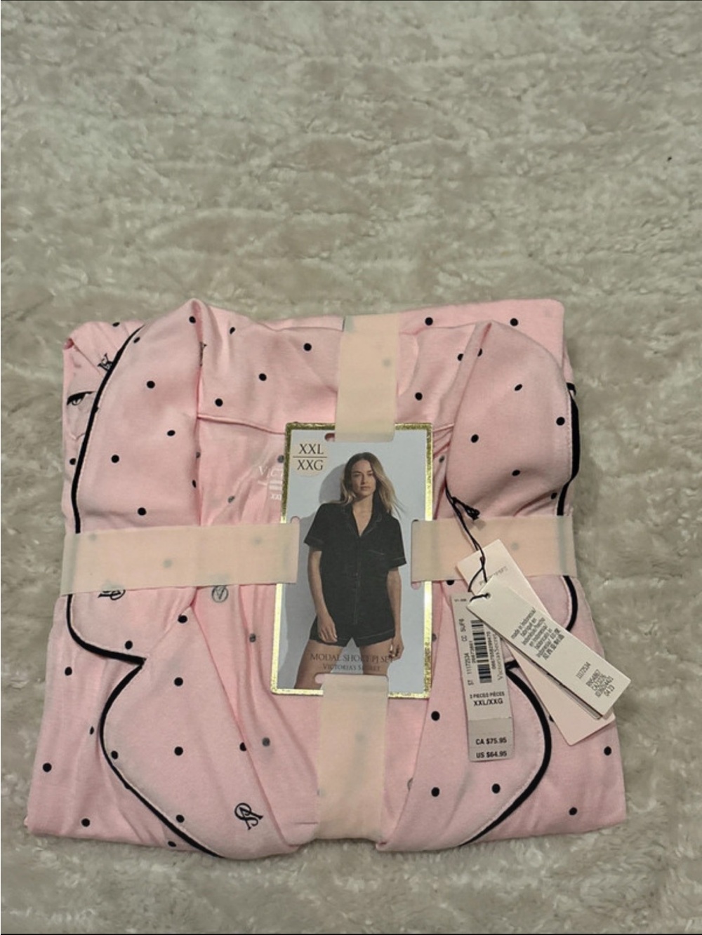 Victoria's Secret Pink Polka Dot Pajama Set with Black Trim Size XXL